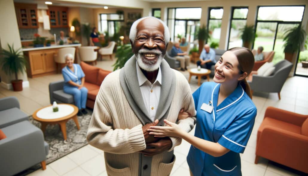 people smiling at an assisted living facility