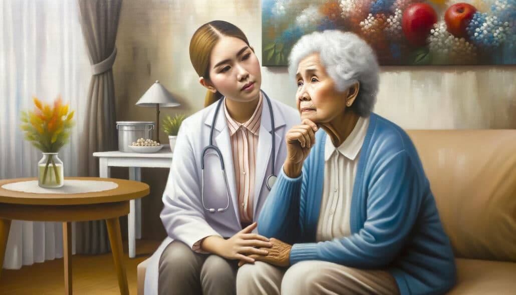 nurse and resident at assisted living facility